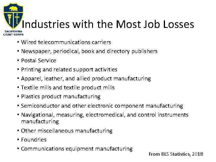 Industries with the Most Job Losses • Wired telecommunications carriers • Newspaper, periodical, book