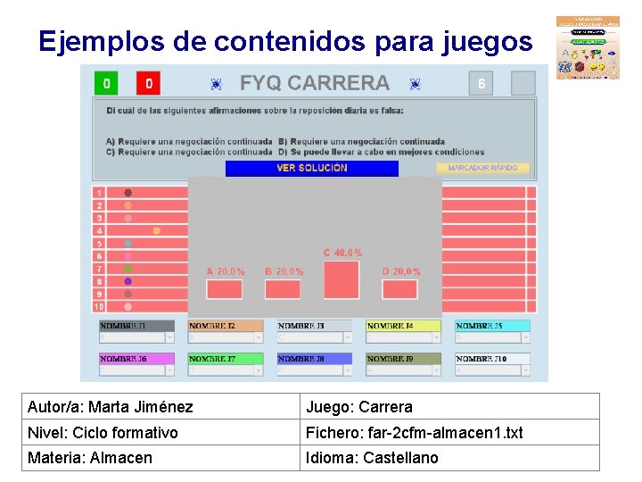 Ejemplos de contenidos para juegos Autor/a: Marta Jiménez Juego: Carrera Nivel: Ciclo formativo Fichero: