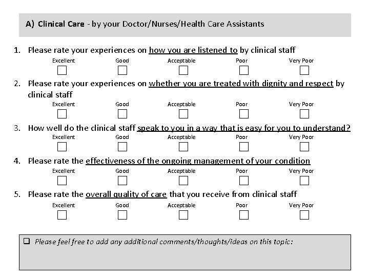 A) Clinical Care - by your Doctor/Nurses/Health Care Assistants 1. Please rate your experiences