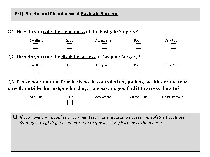 B-1) Safety and Cleanliness at Eastgate Surgery Q 1. How do you rate the