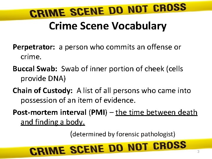 Crime Scene Vocabulary Perpetrator: a person who commits an offense or crime. Buccal Swab: