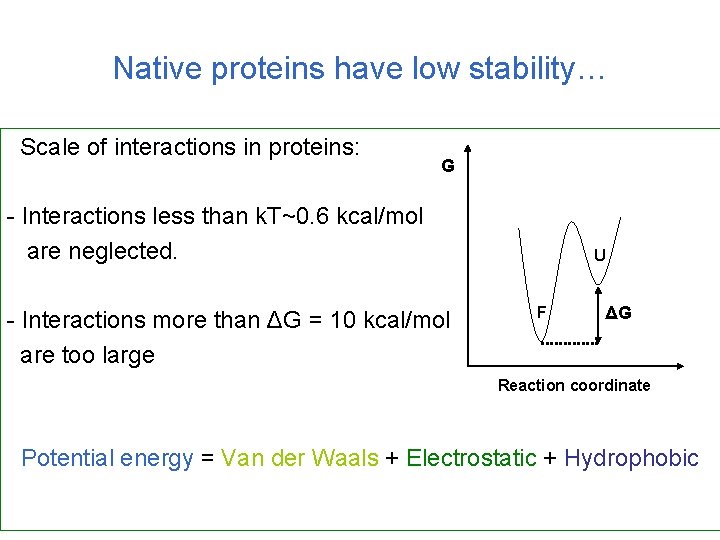 Native proteins have low stability… Scale of interactions in proteins: G - Interactions less