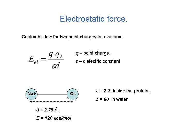 Electrostatic force. Coulomb’s law for two point charges in a vacuum: q – point