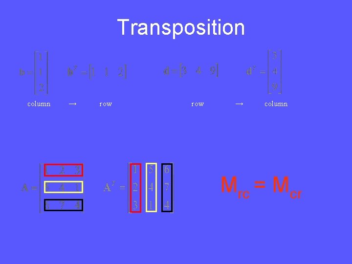 Transposition column → row → column Mrc = Mcr 
