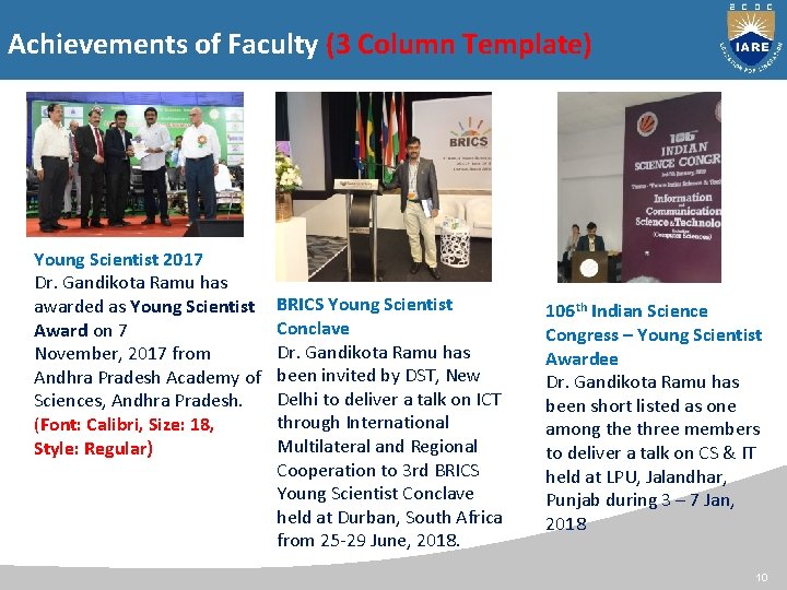 Achievements of Faculty (3 Column Template) Young Scientist 2017 Dr. Gandikota Ramu has awarded