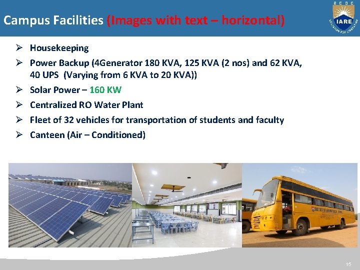 Campus Facilities (Images with text – horizontal) Ø Housekeeping Ø Power Backup (4 Generator