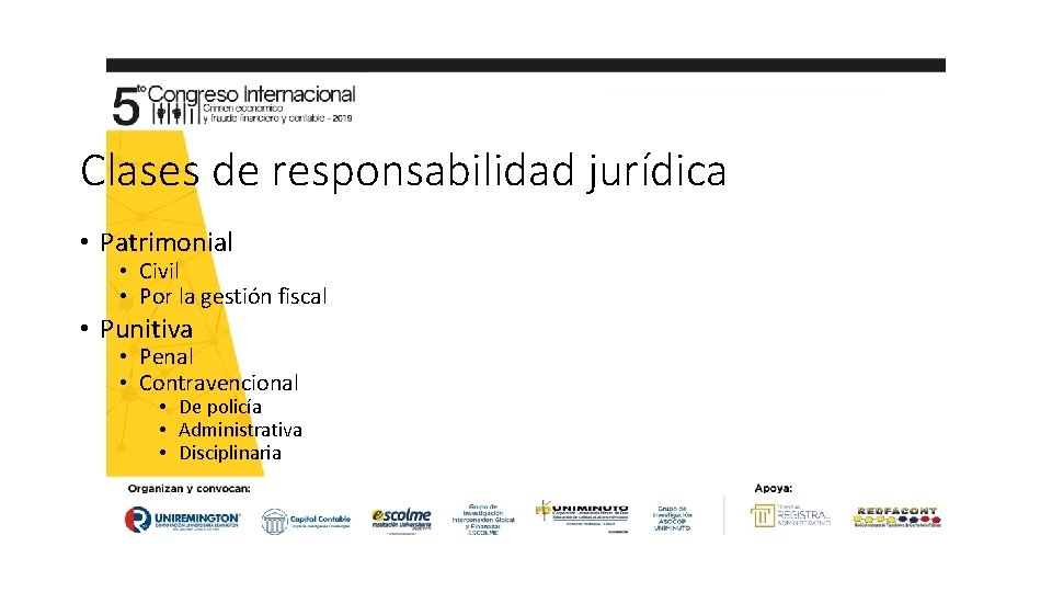 Clases de responsabilidad jurídica • Patrimonial • Civil • Por la gestión fiscal •