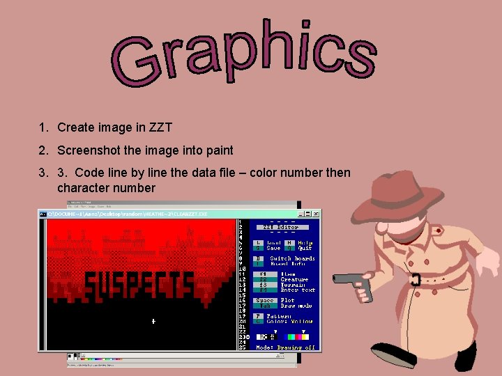 1. Create image in ZZT 2. Screenshot the image into paint 3. 3. Code