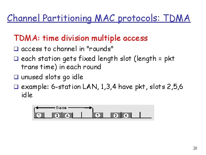 Channel Partitioning MAC protocols: TDMA: time division multiple access q access to channel in