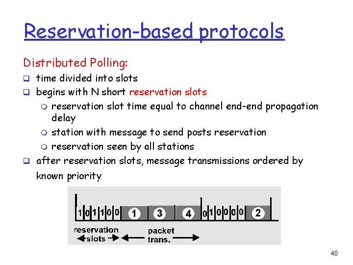Reservation-based protocols Distributed Polling: q time divided into slots q begins with N short