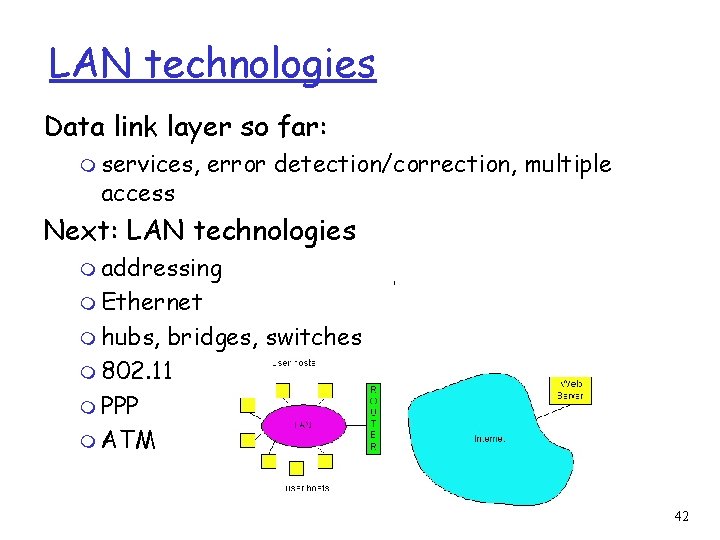 LAN technologies Data link layer so far: m services, access error detection/correction, multiple Next: