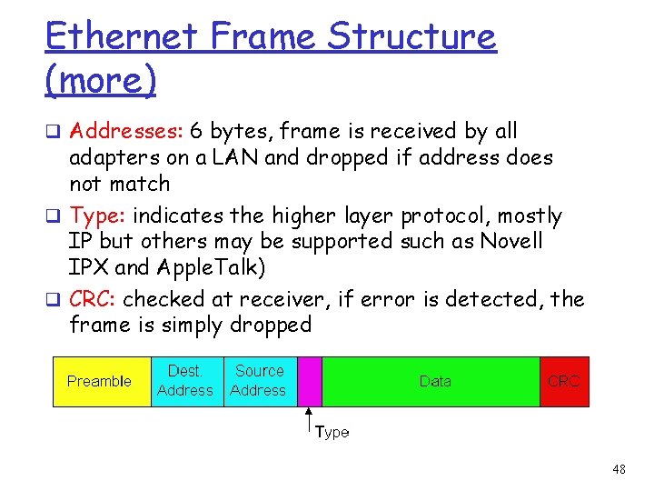 Ethernet Frame Structure (more) q Addresses: 6 bytes, frame is received by all adapters