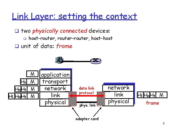 Link Layer: setting the context q two physically connected devices: m host-router, router-router, host-host