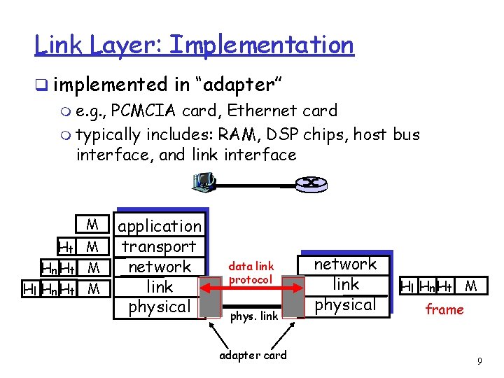 Link Layer: Implementation q implemented in “adapter” m e. g. , PCMCIA card, Ethernet