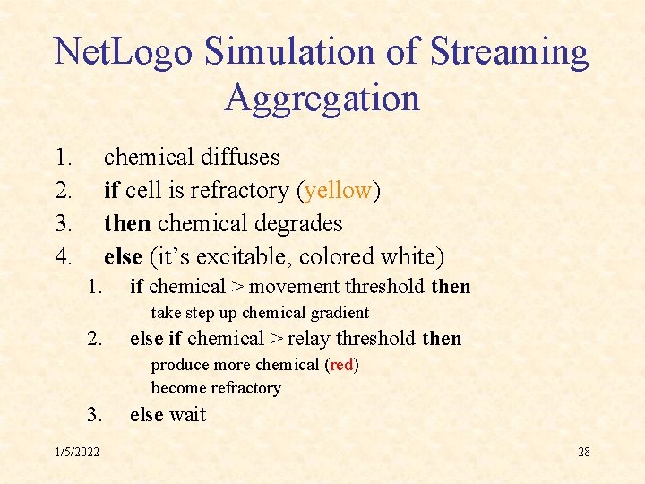 Net. Logo Simulation of Streaming Aggregation 1. 2. 3. 4. chemical diffuses if cell