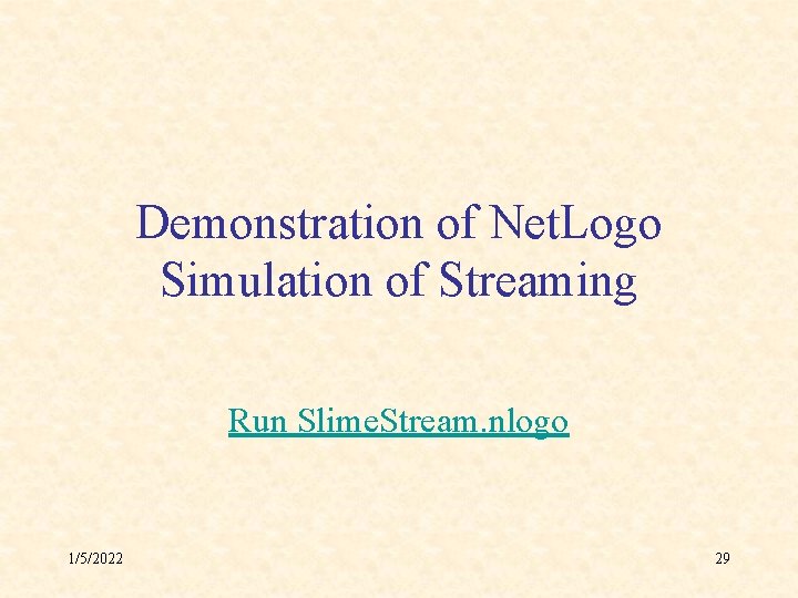 Demonstration of Net. Logo Simulation of Streaming Run Slime. Stream. nlogo 1/5/2022 29 