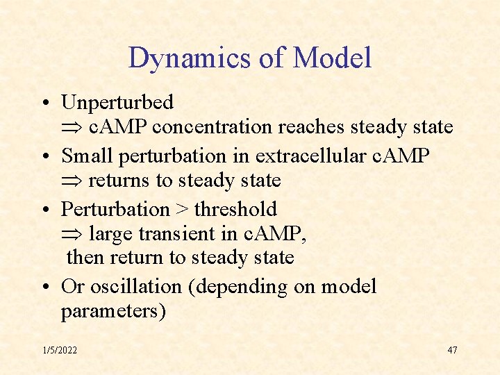 Dynamics of Model • Unperturbed c. AMP concentration reaches steady state • Small perturbation