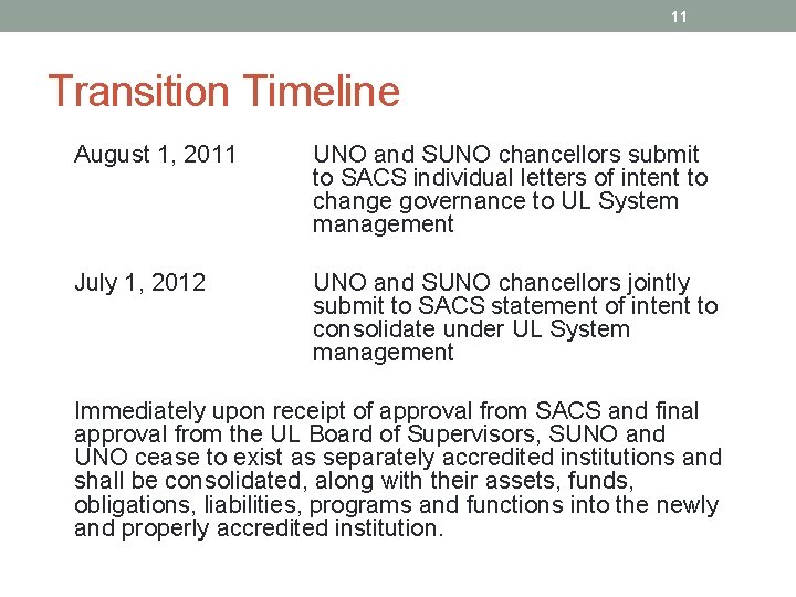 11 Transition Timeline August 1, 2011 UNO and SUNO chancellors submit to SACS individual