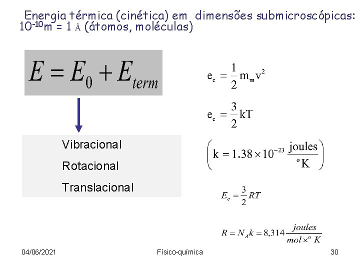 Energia térmica (cinética) em dimensões submicroscópicas: 10 -10 m = 1 Å (átomos, moléculas)