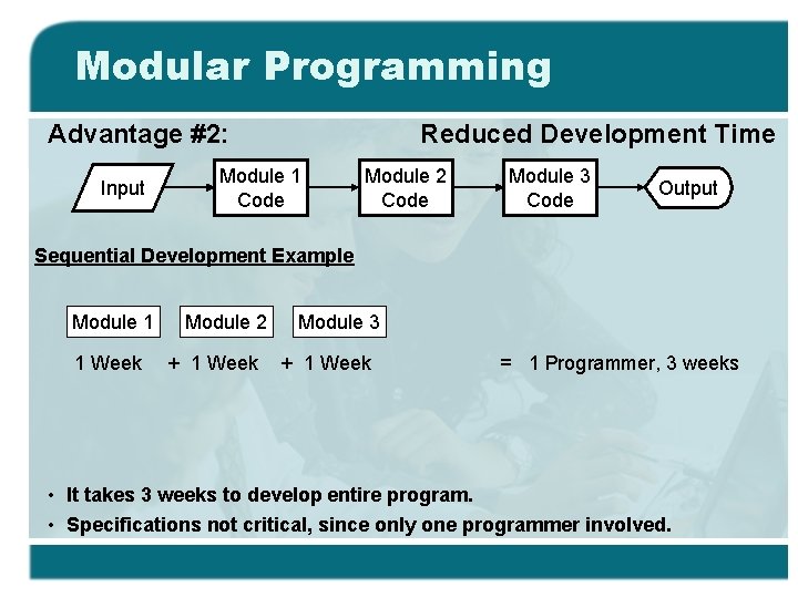 Modular Programming Advantage #2: Input Reduced Development Time Module 1 Code Module 2 Code