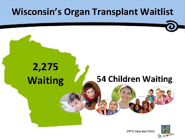 Wisconsin’s Organ Transplant Waitlist 2, 275 Waiting 54 Children Waiting OPTN Data: April 2018