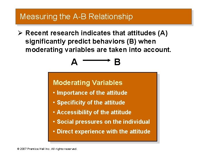 Measuring the A-B Relationship Ø Recent research indicates that attitudes (A) significantly predict behaviors