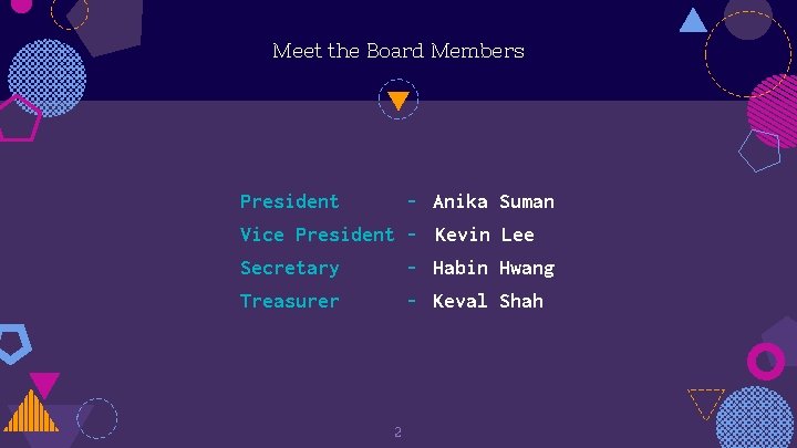 Meet the Board Members President Vice President Secretary Treasurer 2 - Anika Kevin Habin