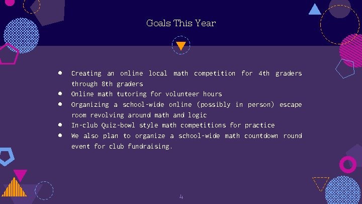 Goals This Year ◍ ◍ ◍ Creating an online local math competition for 4