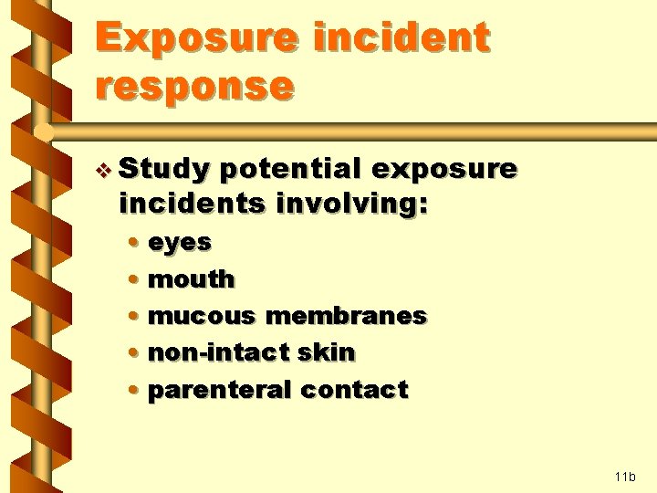 Exposure incident response v Study potential exposure incidents involving: • eyes • mouth •