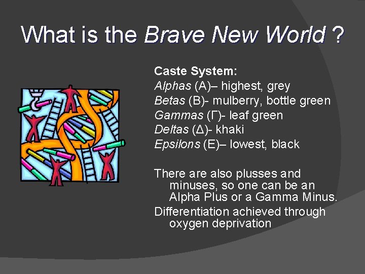 What is the Brave New World ? Caste System: Alphas (Α)– highest, grey Betas