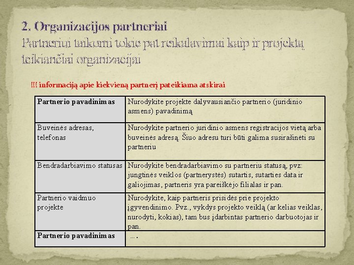 2. Organizacijos partneriai Partneriui taikomi tokie pat reikalavimai kaip ir projektą teikiančiai organizacijai !!!