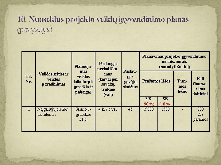 10. Nuoseklus projekto veiklų įgyvendinimo planas (pavyzdys) Eil. Nr. 1. Veiklos srities ir veiklos