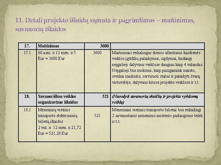 11. Detali projekto išlaidų sąmata ir pagrindimas – maitinimas, savanorių išlaidos 17. Maitinimas 17.