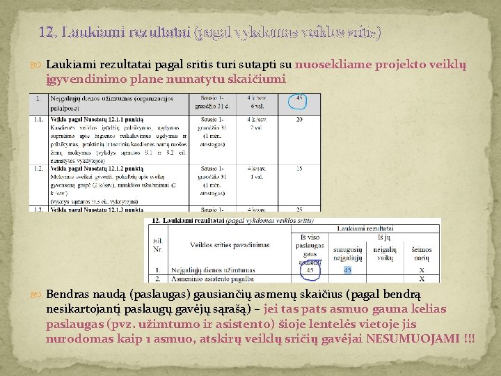 12. Laukiami rezultatai (pagal vykdomas veiklos sritis) Laukiami rezultatai pagal sritis turi sutapti su