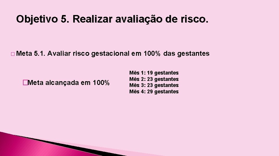 Objetivo 5. Realizar avaliação de risco. � Meta 5. 1. Avaliar risco gestacional em