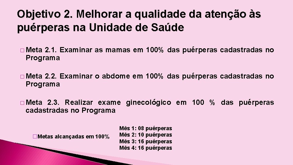 Objetivo 2. Melhorar a qualidade da atenção às puérperas na Unidade de Saúde �