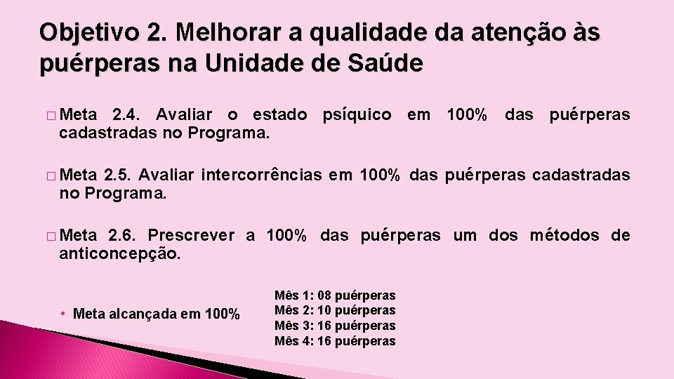 Objetivo 2. Melhorar a qualidade da atenção às puérperas na Unidade de Saúde �