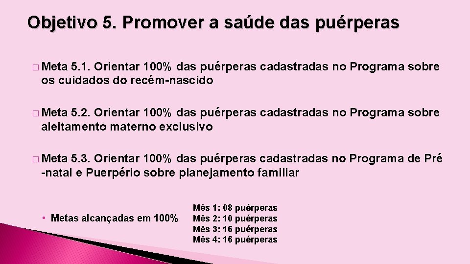 Objetivo 5. Promover a saúde das puérperas � Meta 5. 1. Orientar 100% das