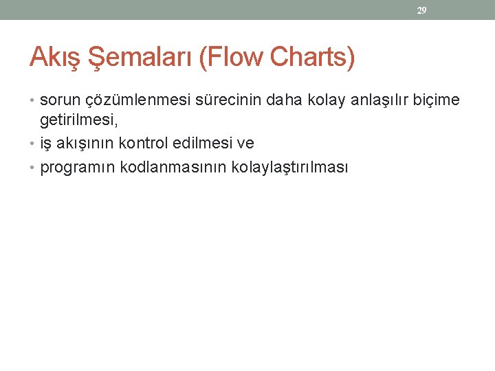29 Akış Şemaları (Flow Charts) • sorun çözümlenmesi sürecinin daha kolay anlaşılır biçime getirilmesi,