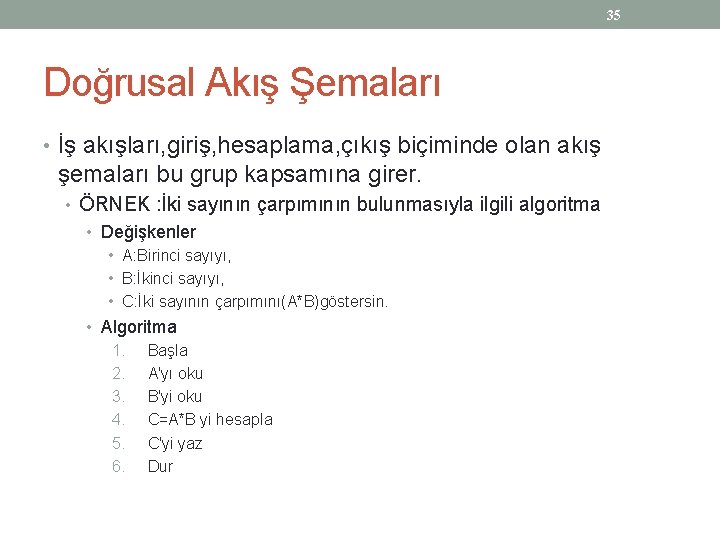 35 Doğrusal Akış Şemaları • İş akışları, giriş, hesaplama, çıkış biçiminde olan akış şemaları