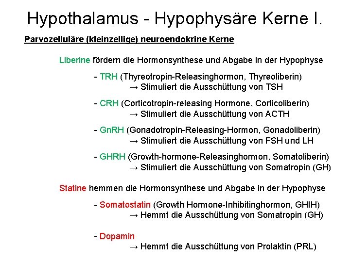 Hypothalamus - Hypophysäre Kerne I. Parvozelluläre (kleinzellige) neuroendokrine Kerne Liberine fördern die Hormonsynthese und