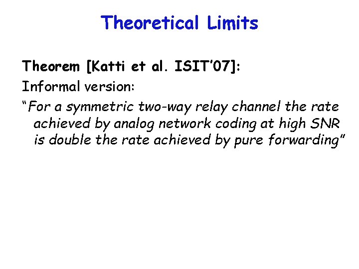 Theoretical Limits Theorem [Katti et al. ISIT’ 07]: Informal version: “For a symmetric two-way