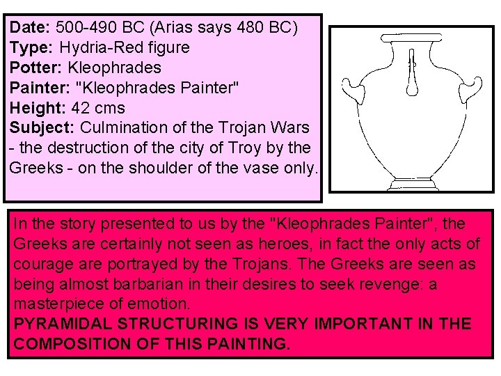 Date: 500 -490 BC (Arias says 480 BC) Type: Hydria-Red figure Potter: Kleophrades Painter: