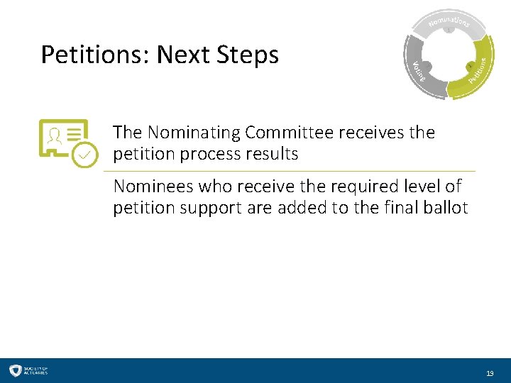 Petitions: Next Steps The Nominating Committee receives the petition process results Nominees who receive