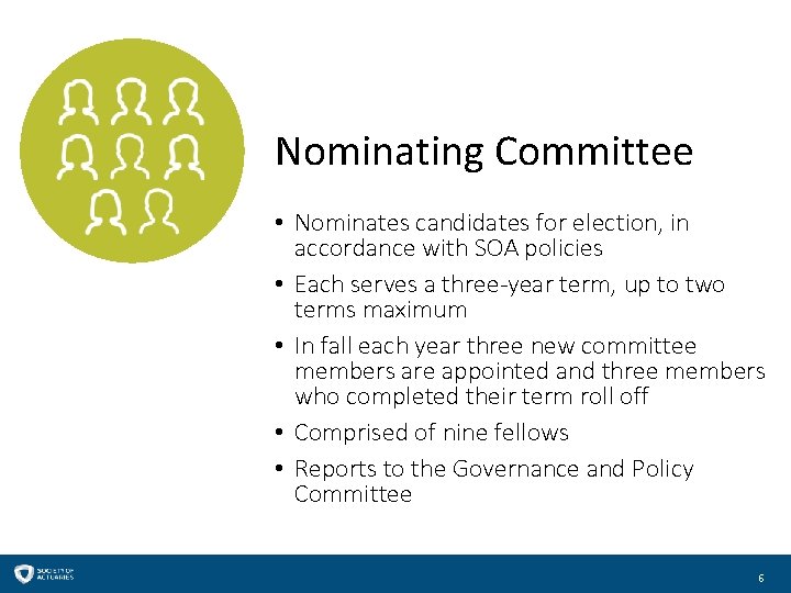 Nominating Committee • Nominates candidates for election, in accordance with SOA policies • Each