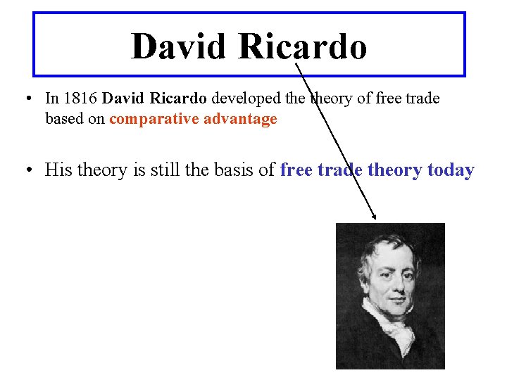 David Ricardo • In 1816 David Ricardo developed theory of free trade based on