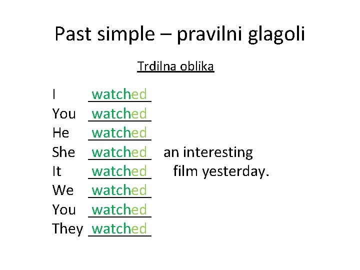 Past simple – pravilni glagoli Trdilna oblika I ____ watched You ____ watched He