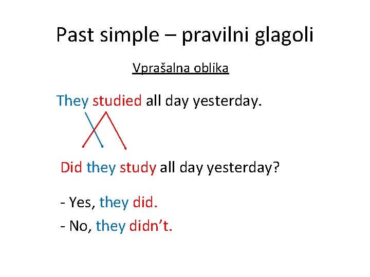 Past simple – pravilni glagoli Vprašalna oblika They studied all day yesterday. Did they