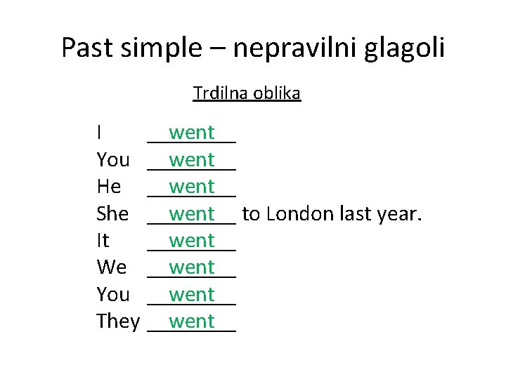 Past simple – nepravilni glagoli Trdilna oblika I ____ went You ____ went He