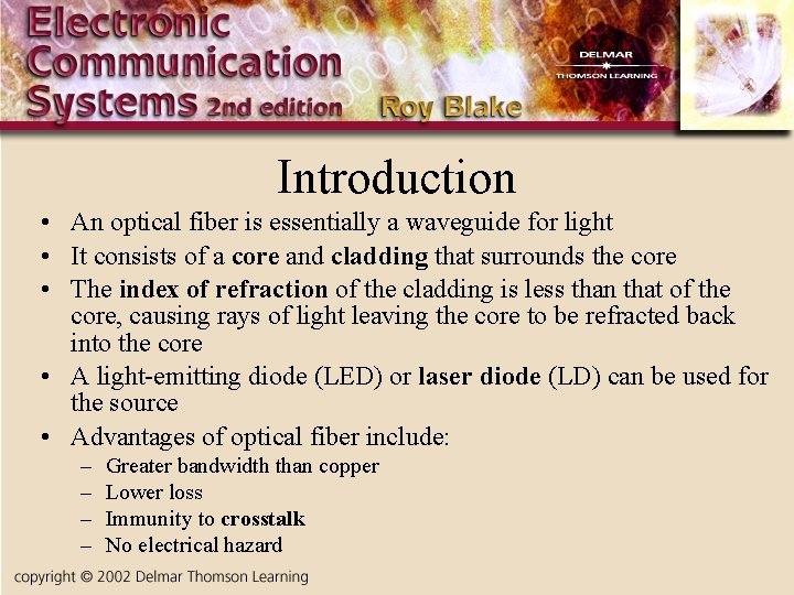 Introduction • An optical fiber is essentially a waveguide for light • It consists